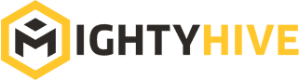 A black and white image of the word mighty.